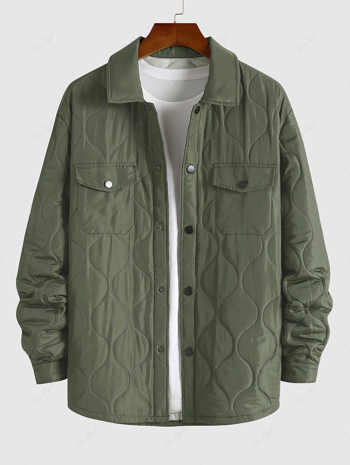 Online Men's Daily Solid Color Snap Button Flap Cargo Pockets Quilted Padded Jacket  