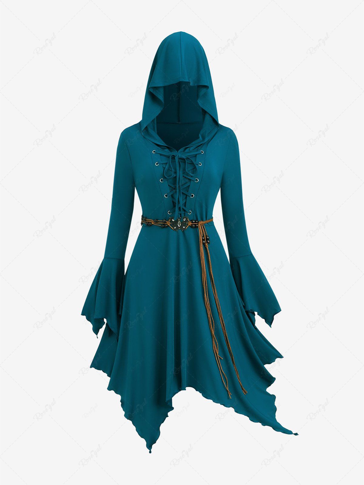 New Plus Size Lace Up Handkerchief Bell Sleeve Butterfly Belt Hooded Dress  