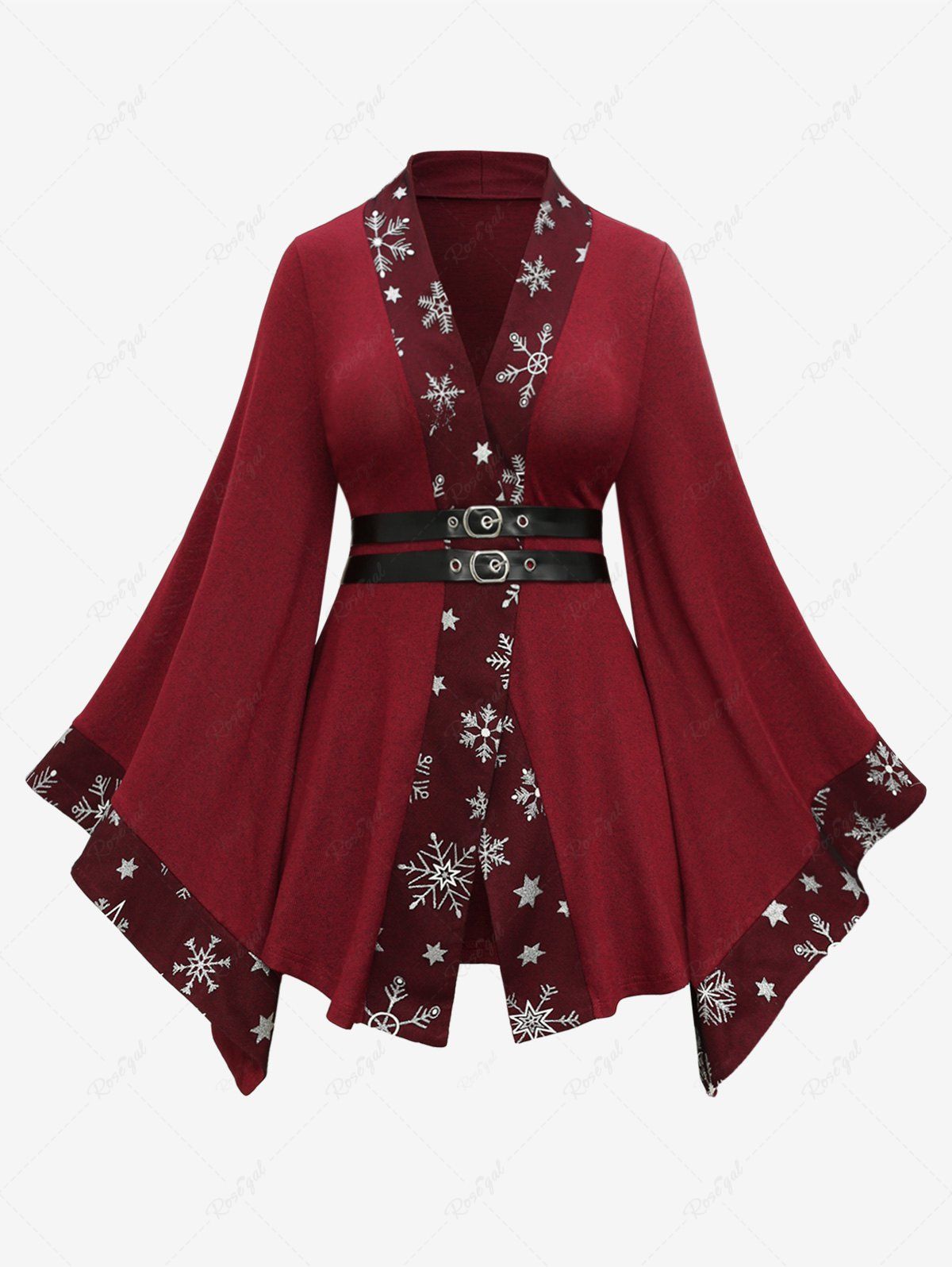 Plus Size Christmas Snowflake Star Print Buckle PU Leather Strip Bell Sleeve T-shirt Rouge foncé 1X | US 14-16