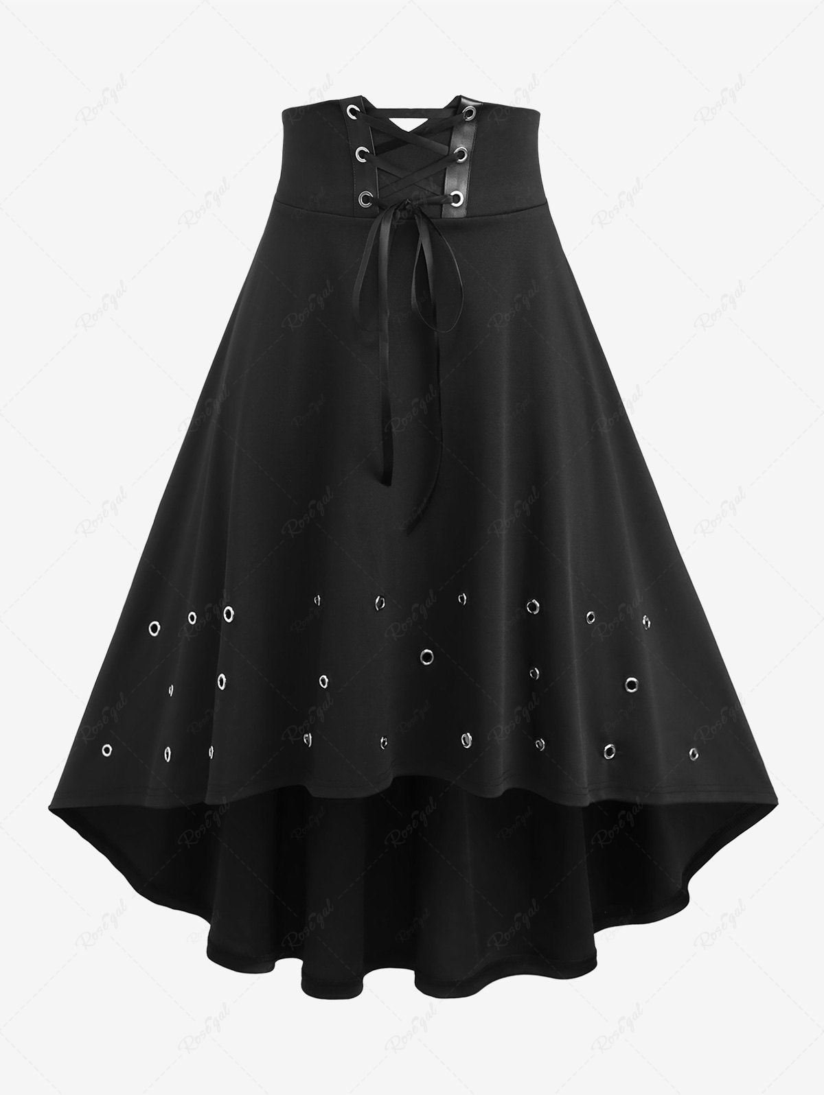 Shops Plus Size Grommet Lace Up PU Leather Trim Ruffles Solid High Low Midi Skirt  