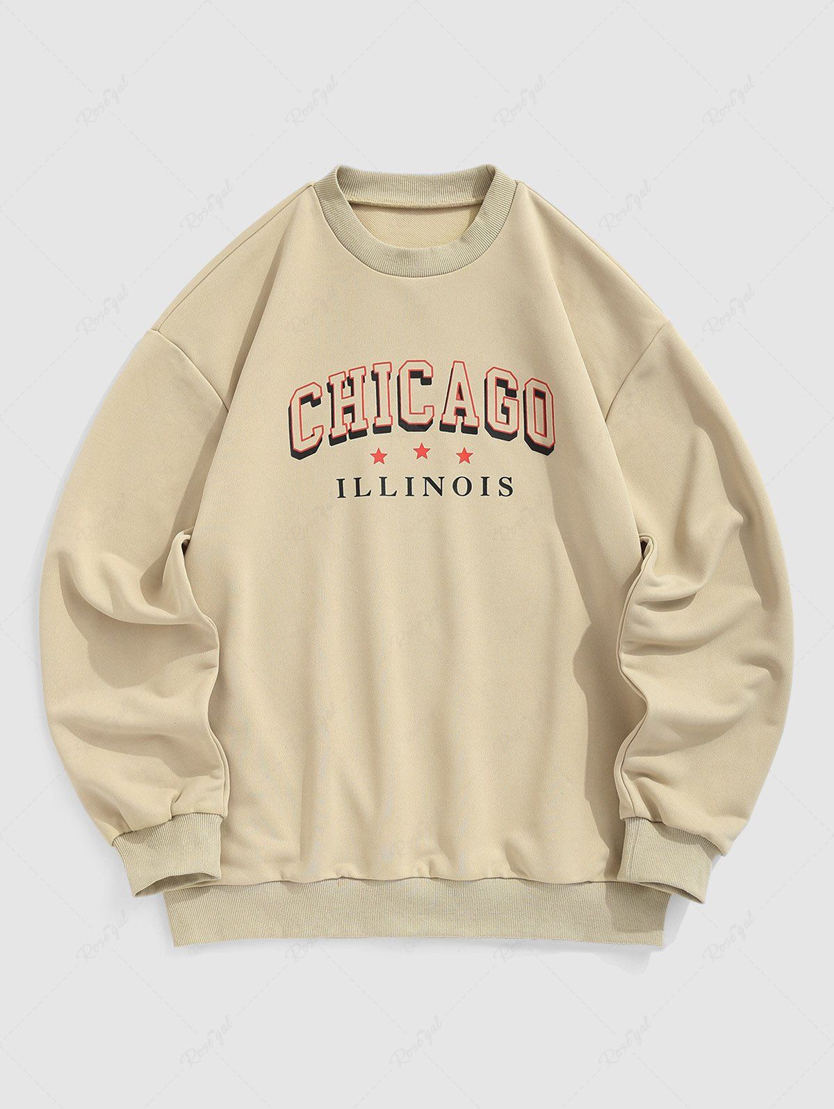 Shops Men's CHICAGO Letter Pattern Crew Neck Drop-shoulder Sweatshirt  