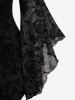 Gothic Bell Sleeves Cross Floral Mesh Flocking Lace Up Ruched Ruffles 2 in 1 Long Sleeves Top -  