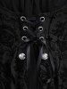 Gothic Bell Sleeves Cross Floral Mesh Flocking Lace Up Ruched Ruffles 2 in 1 Long Sleeves Top -  