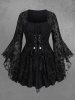 Gothic Bell Sleeves Cross Floral Mesh Flocking Lace Up Ruched Ruffles 2 in 1 Long Sleeves Top -  