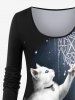 T-shirt D'Halloween 3D Chat et Lune Imprimés Grande Taille à Paillettes - Noir 6X