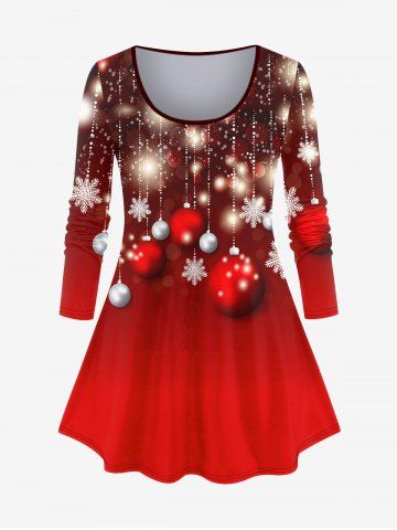 Plus Size Christmas Ball Snowflake Glitter Print T-shirt - RED - XS