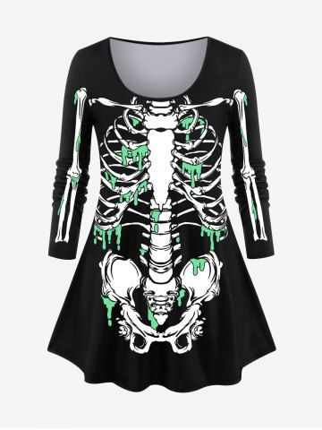 Plus Size 3D Skeleton Bloody Print Halloween Long Sleeves T-shirt - BLACK - S