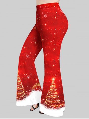 Plus Size Glitter Sparkling Christmas Tree Snowflake Print Flare Pants - RED - 1X