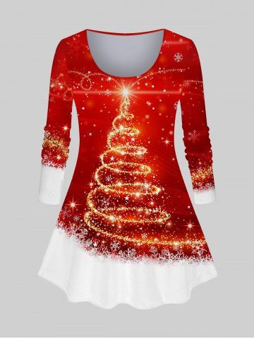 Plus Size Glitter Sparkling Christmas Tree Snowflake Print Long Sleeves T-shirt - RED - S
