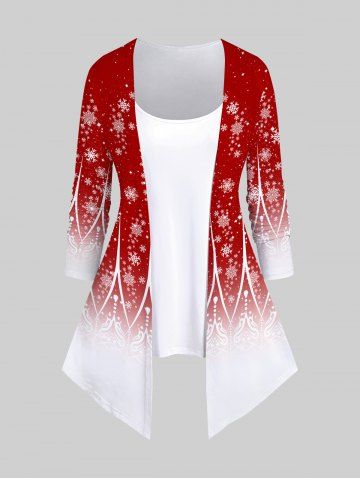 Plus Size Christmas Ombre Colorblock Snowflake Floral Figure Print 2 In 1 Tee - RED - M