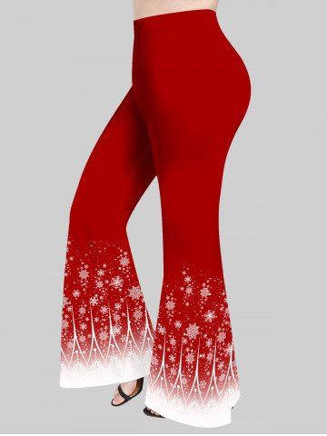 Plus Size Christmas Snowflake Floral Glitter Print Flare Pants - RED - 1X