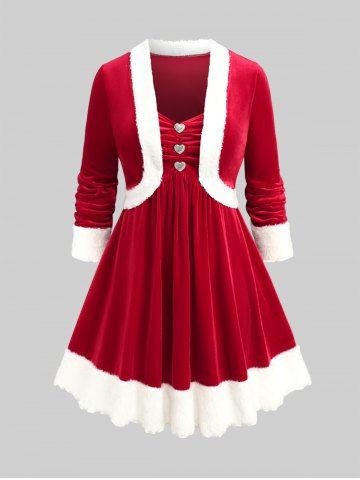 Robe de Noël Plissée Jointive Cœur avec Bouton de Grande Taille en Velours - RED - L | US 12