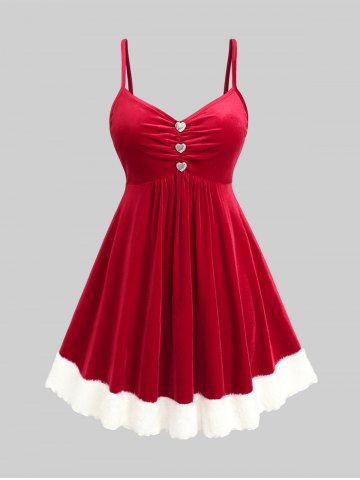 Plus Size Christmas Ruched Heart Buttons Patchwork Cami Dress And