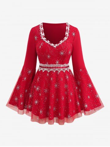 Plus Size Christmas Snowflake Silver Stamping Lace Trim Sheer Mesh Bell Sleeve T-shirt - RED - L | US 12