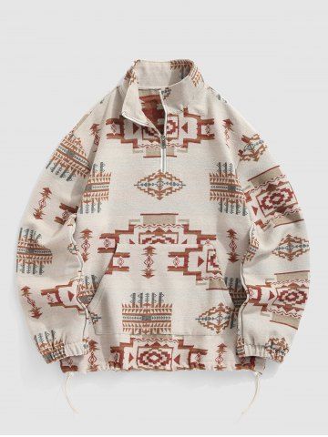Aztec Print Woolen Kangaroo Pocket Quarter Zip Pullover Sweatshirt - MULTI-A - XXL