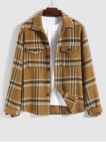 Men's Casual Plaid Pattern Flap Pocket Button Front Woolen Jacket - COFFEE - M