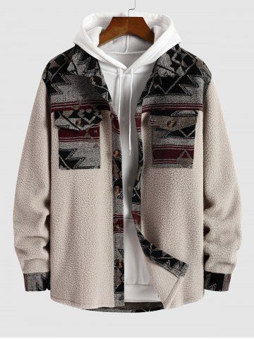Men's Ethnic Aztec Printed Fluffy Faux Fur Flap Pocket Design Button Front Jacket - LIGHT COFFEE - XXL