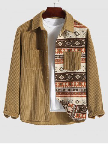 Men's Retro Ethnic Aztec Printed Front Pocket Design Corduroy Spliced Long Sleeves Shacket - COFFEE - S