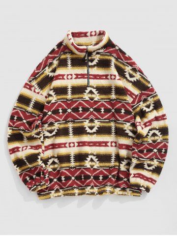 Ethnic Tribal Aztec Printed Fluffy Sweatshirt - DEEP RED - S
