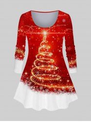 T-shirt Brillant Flocon de Neige et Sapin de Noël Imprimés de Grande Taille à Manches Longues - Rouge 1X