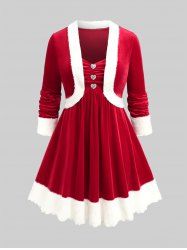Plus Size Christmas Ruched Heart Buttons Patchwork Cami Dress and Velvet Top -  