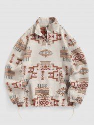 Aztec Print Woolen Kangaroo Pocket Quarter Zip Pullover Sweatshirt -  