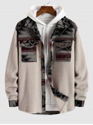 Men's Ethnic Aztec Printed Fluffy Faux Fur Flap Pocket Design Button Front Jacket -  