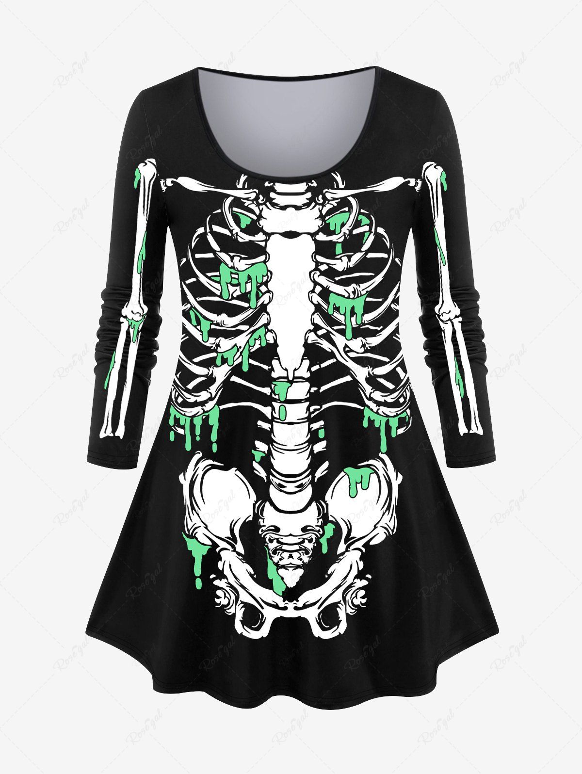 T-shirt D'Halloween 3D Squelette Imprimé de Grande Taille avec Sang à Manches Longues Noir 6X