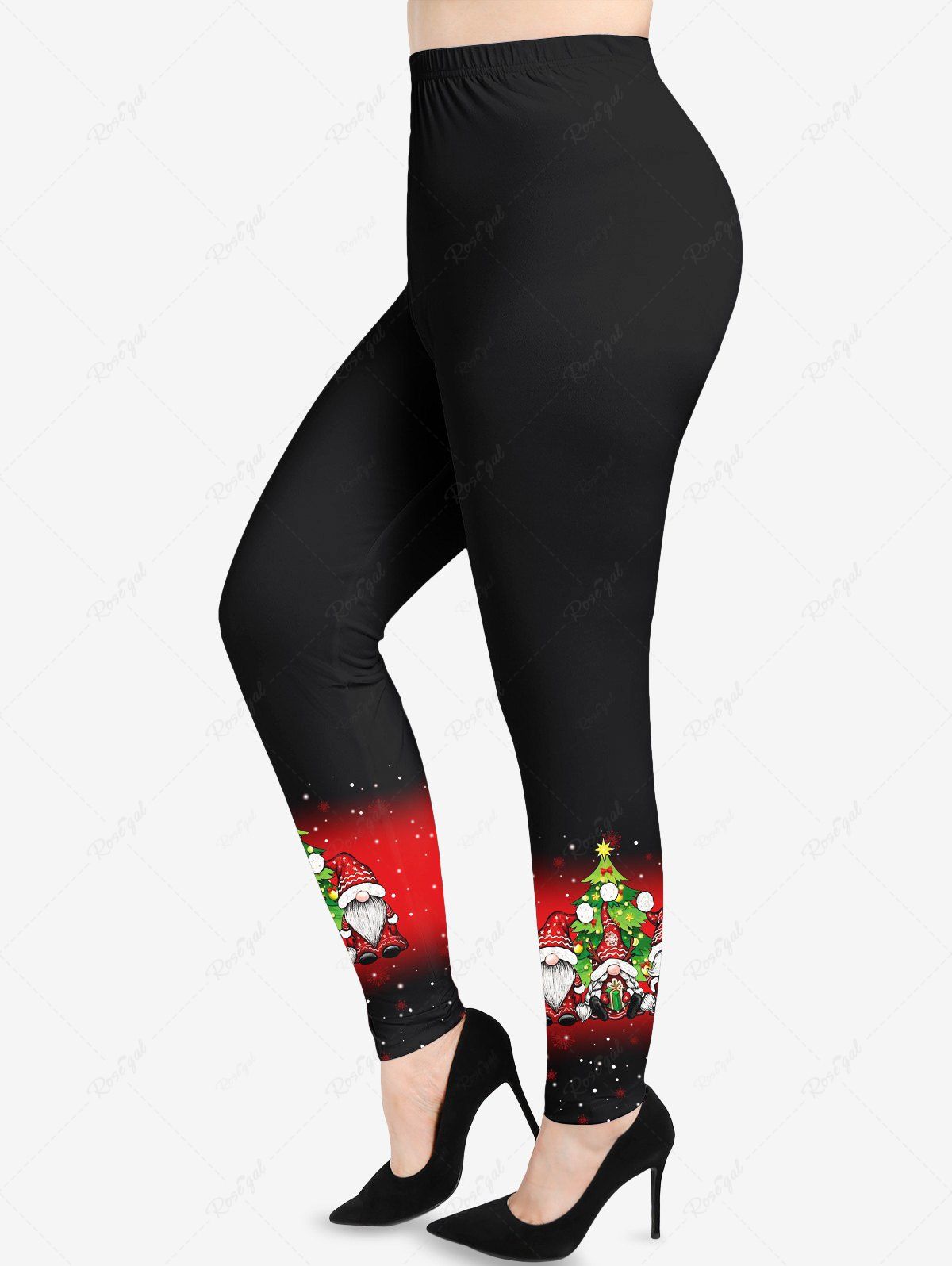 Legging Grande Taille Imprimé Père Noël et Sapin Bloc de Couleur Rouge S