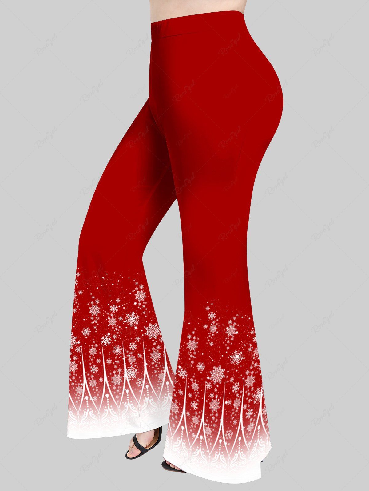 Pantalon Evasé Fleuri Flocon de Neige de Noël Imprimé de Grande Taille à Paillettes Rouge 6X