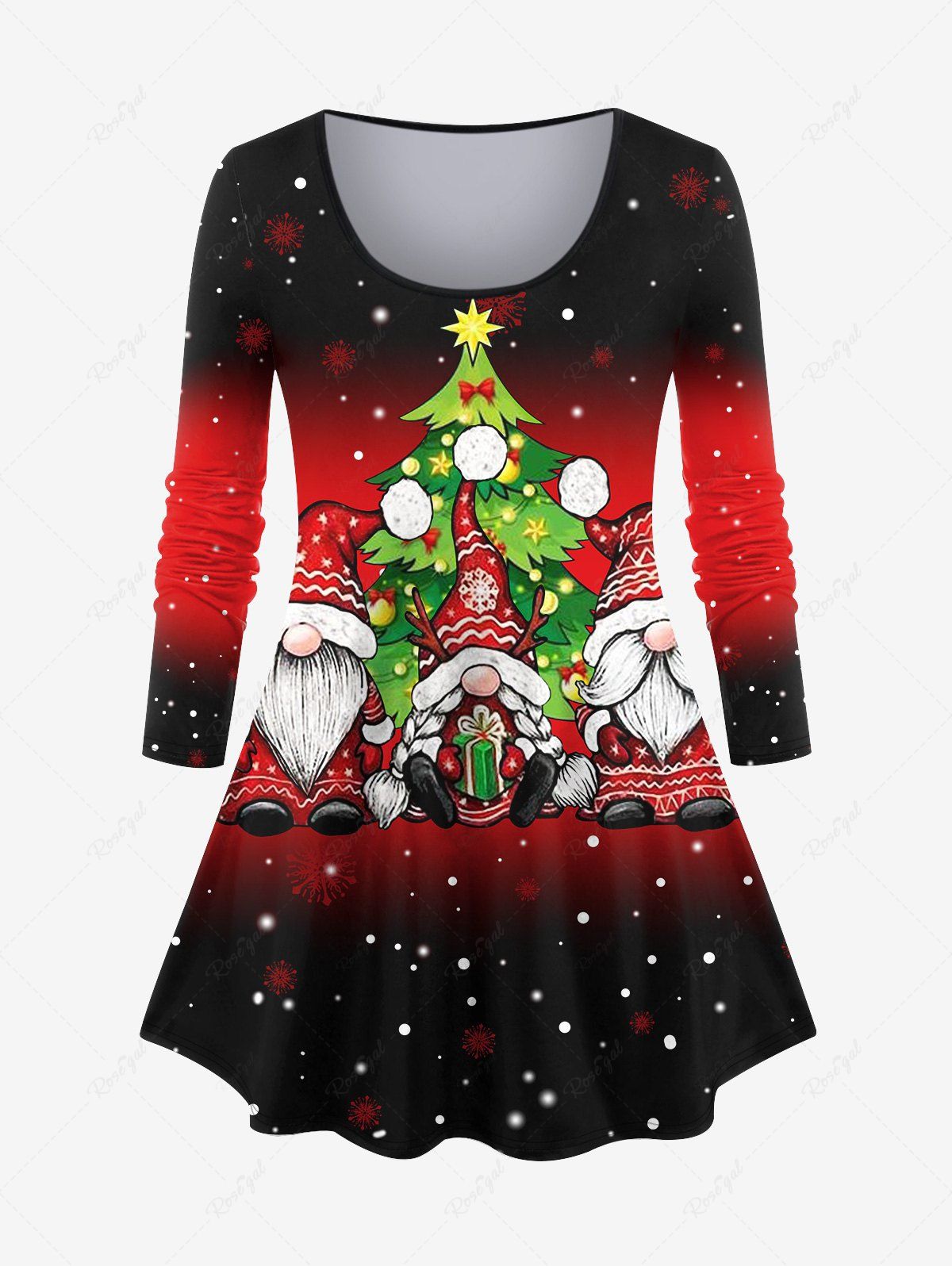 T-shirt Père Noël et Sapin Imprimé en Blocs de Couleurs de Grande Taille Rouge 5X