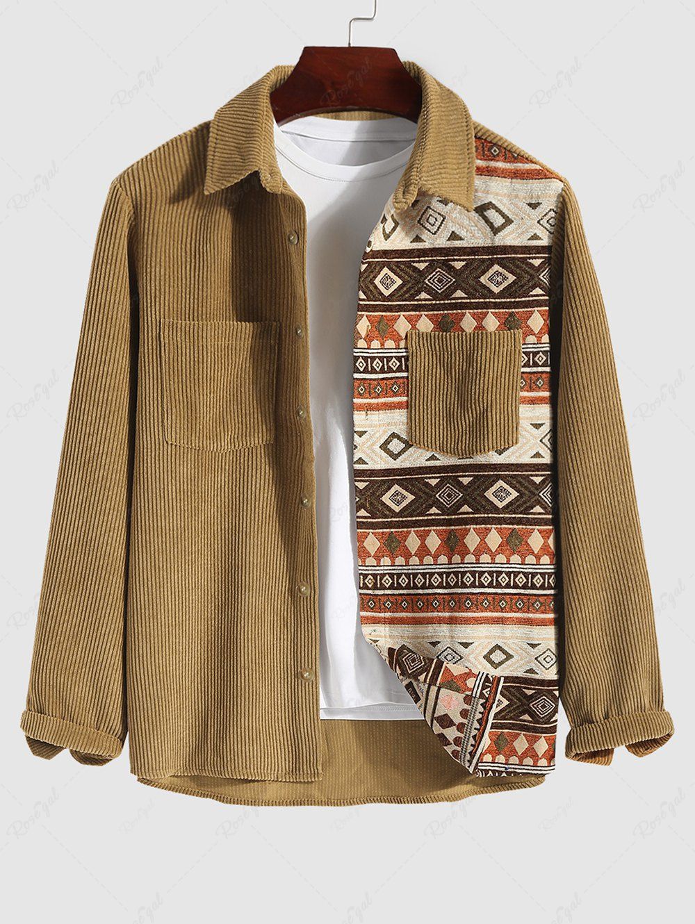 Store Men's Retro Ethnic Aztec Printed Front Pocket Design Corduroy Spliced Long Sleeves Shacket  