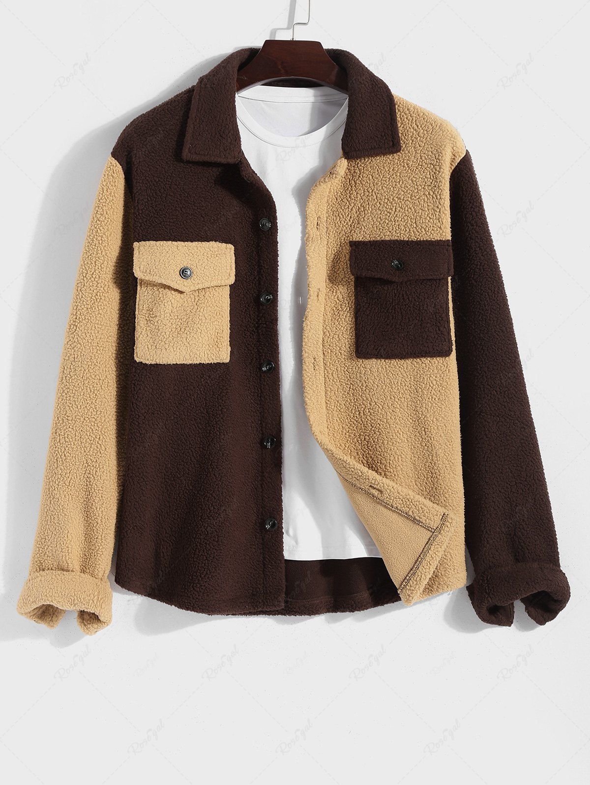 Buy Men's Two Tone Colorblock Flap Pocket Button Front Fuzzy Fleece Jacket  