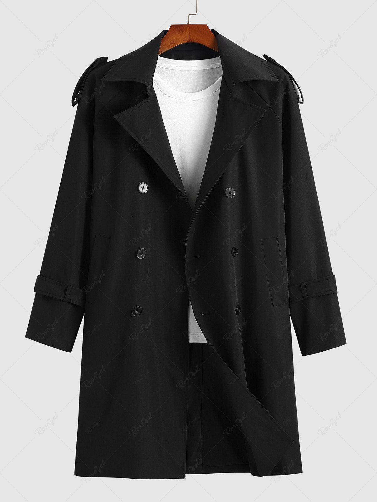 Trendy Lapel Collar Belted Pocket Double-breasted Solid Color Trench Coat  