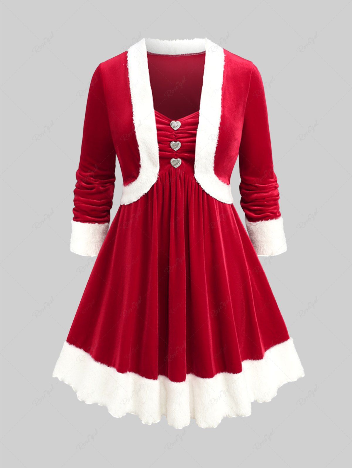 Robe de Noël Plissée Jointive Cœur avec Bouton de Grande Taille en Velours Rouge 2X | US 18-20
