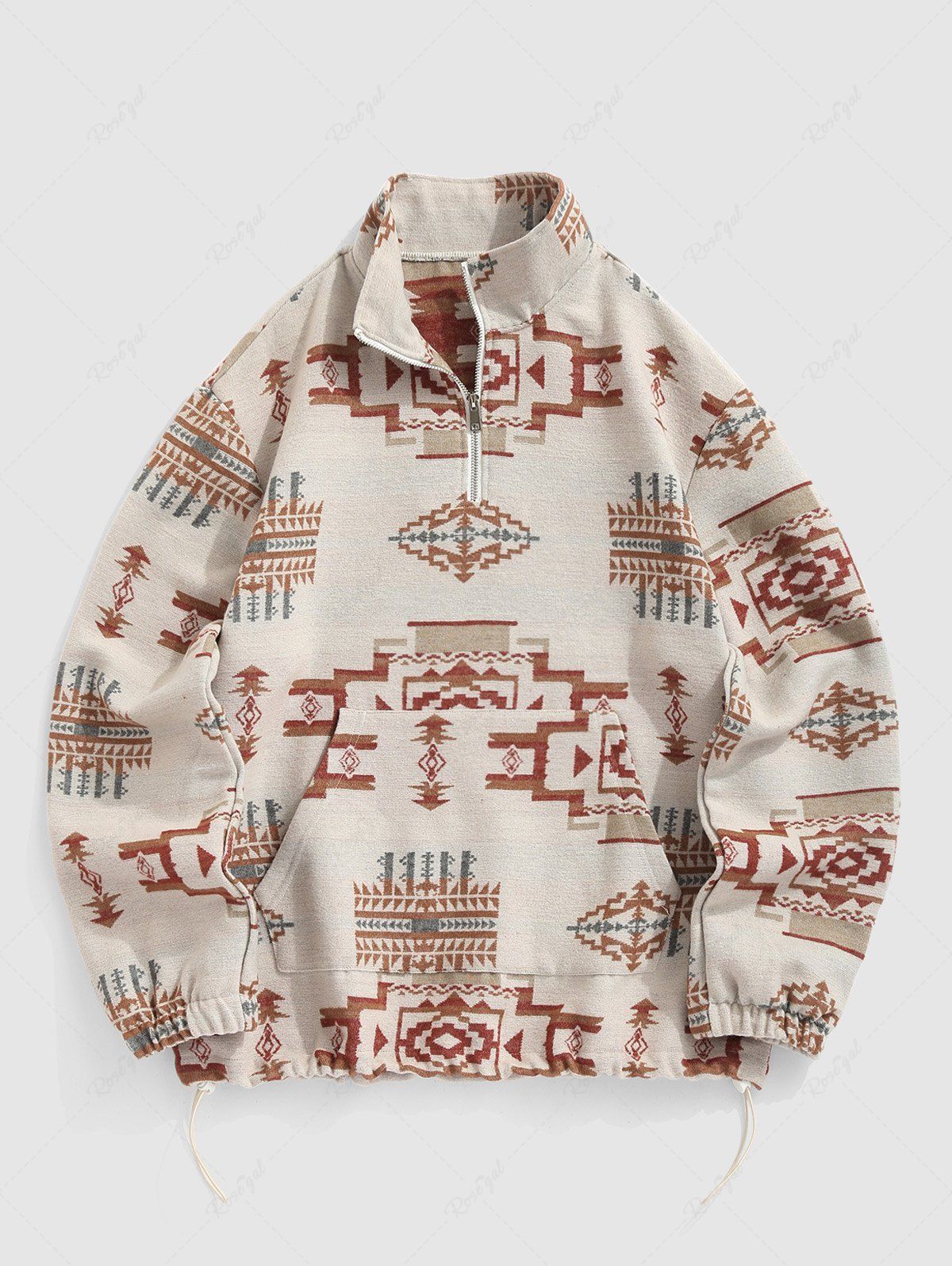 Latest Aztec Print Woolen Kangaroo Pocket Quarter Zip Pullover Sweatshirt  