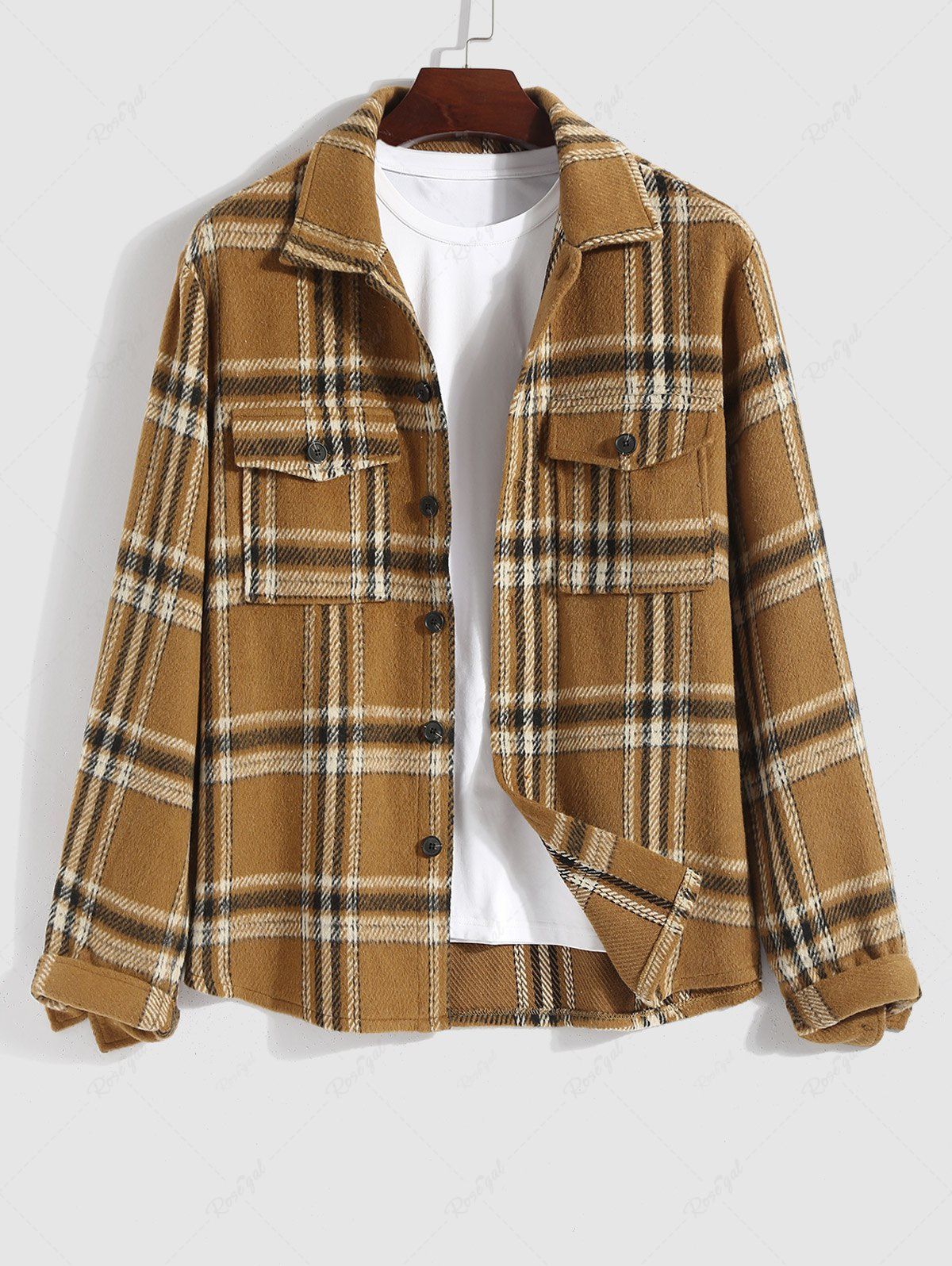 Fancy Men's Casual Plaid Pattern Flap Pocket Button Front Woolen Jacket  