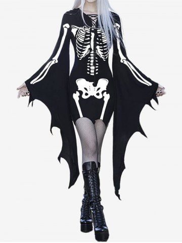 Plus Size Halloween Skeleton Print Lace Up Bell Sleeve Fitted Dress - BLACK - M