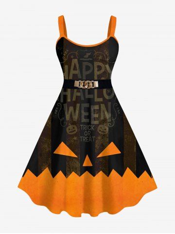 Plus Size 3D Pumpkin Letters Buckle Print Halloween Tank Dress - ORANGE - XS