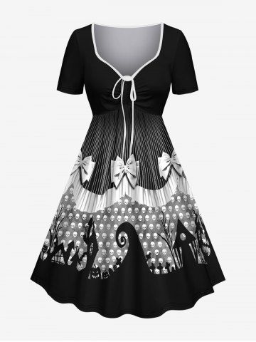 Plus Size Halloween Pumpkin Skull Cross Bowknot Print Cinched Dress - BLACK - 2X