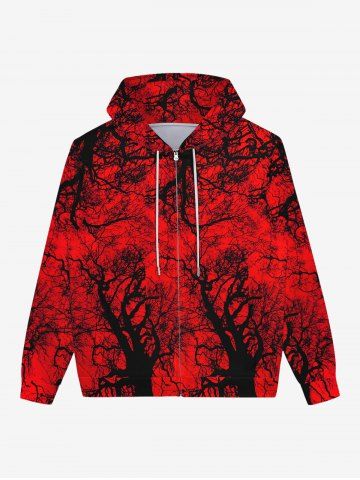 Gothic Tree Branch Print Zipper Pockets Drawstring Hoodie For Men - RED - 3XL