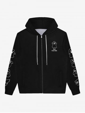 Gothic Ghost Letters Print Zipper Pockets Drawstring Hoodie For Men - BLACK - 7XL