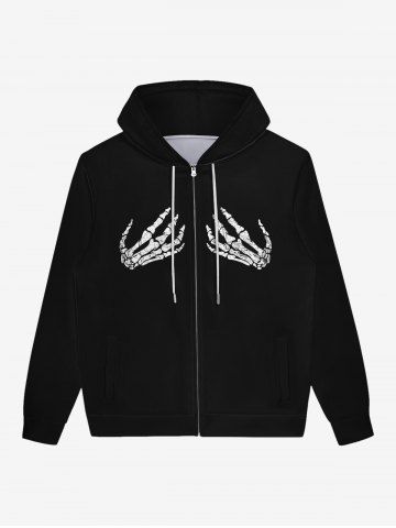Gothic Skeleton Hand Print Zipper Pockets Drawstring Halloween Hoodie For Men