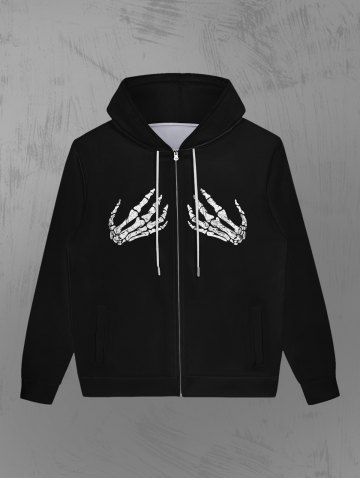 Gothic Skeleton Hand Print Zipper Pockets Drawstring Halloween Hoodie For Men