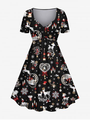 Plus Size Christmas Tree Ball Elk Candle Snowflake Moon Print Cinched Dress - BLACK - XS
