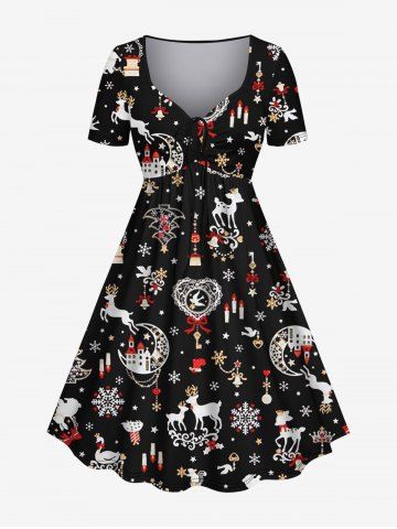 Plus Size Christmas Tree Ball Elk Candle Snowflake Moon Print Cinched Dress - BLACK - S