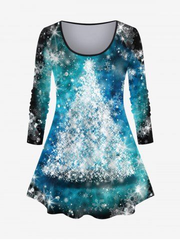 T-shirt Teinté Sapin de Noël et Flocon de Neige Imprimés de Grande Taille à Paillettes - BLUE - 1X