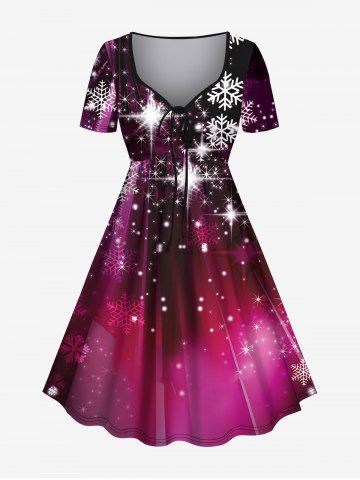 Plus Size Christmas Galaxy Snowflake Glitter Print Cinched Party Dress - DEEP RED - 3X