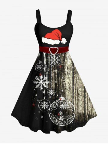 Plus Size Christmas Ball Snowflake Santa Hat Glitter Print Tank Dress - BLACK - XS