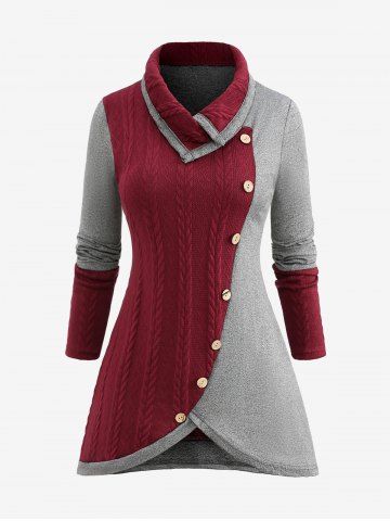 Plus Size Turndown Collar Marled Two Tone Patchwork Buttons Asymmetric Tulip Hem Cable Knit Sweater - DEEP RED - XL
